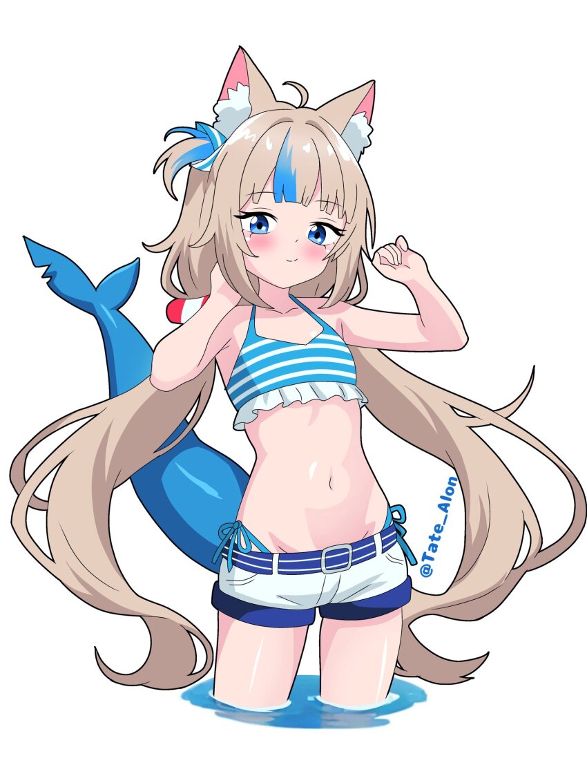 1girl animal_ear_fluff animal_ears bare_arms bare_shoulders bikini blue_eyes blue_streaks collarbone cowboy_shot fins fish_tail flat_chest highres long_hair looking_at_viewer midriff multicolored_hair navel sameko_saba short_shorts shorts simple_background solo standing stomach stomwch streaked_hair swimsuit tail tate_alon twintails very_long_hair virtual_youtuber white_background