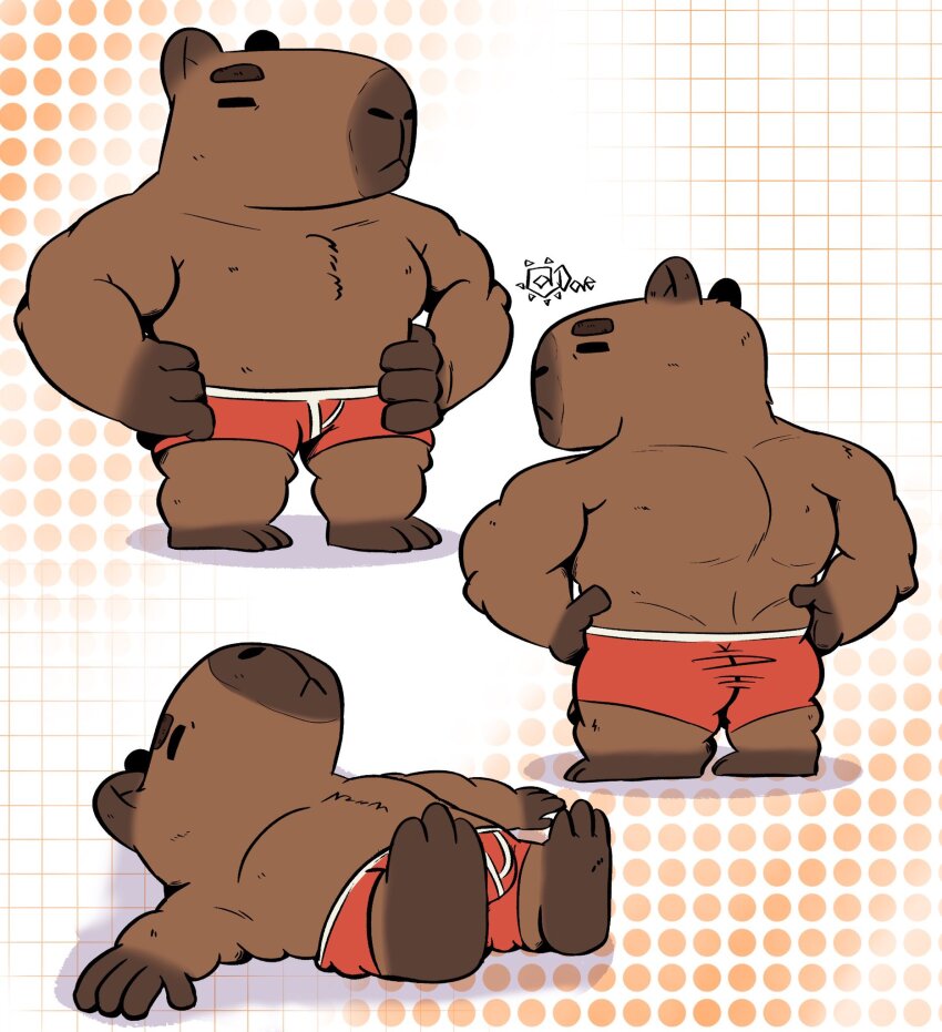 1boy =_= ass bara bara.mp4_(dae_mp4) boxers capybara_boy chibi collage full_body furry furry_male hands_on_own_hips highres large_pectorals lying male_focus male_underwear multiple_views muscular muscular_male no_nipples on_back orange_male_underwear original pectorals pun short_hair sleeping thick_eyebrows underwear