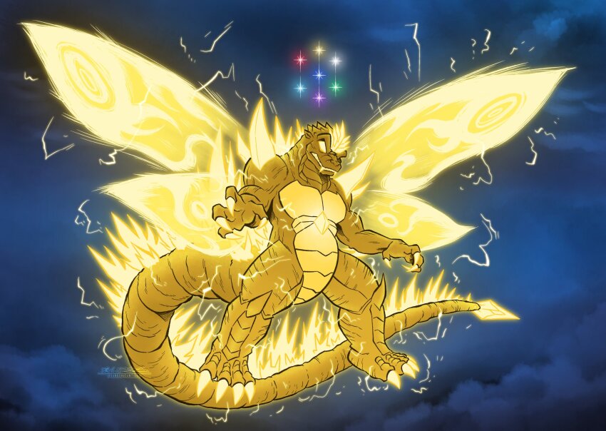 advance_communication_company bioluminescence brandon_santiago chaos_emerald claws cloud cloudy_sky crossover dinosaur elbow_spikes electricity energy fangs full_body gem giant giant_monster glowing glowing_claws glowing_eyes glowing_mouth glowing_skin godzilla godzilla_(series) green_gemstone grey_gemstone highres horns insect_wings kaiju long_tail monster moth_wings night night_sky no_humans sharp_teeth sky sonic_(series) spikes spines super_godzilla super_godzilla_(character) tail teeth toho tokusatsu wings yellow_eyes yellow_gemstone yellow_lightning