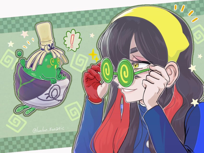 ! 1girl @_@ black_hair carmine_(pokemon) coke-bottle_glasses colored_inner_hair eyelashes from_side glasses gloves hairband highres long_hair long_sleeves looking_at_another mole mole_under_eye multicolored_hair nintendo partially_fingerless_gloves pokemon pokemon_(creature) pokemon_sv red_gloves red_hair runachikku single_glove sinistcha smile spoken_exclamation_mark star_(symbol) twitter_username two-tone_hair upper_body yellow_eyes yellow_hairband