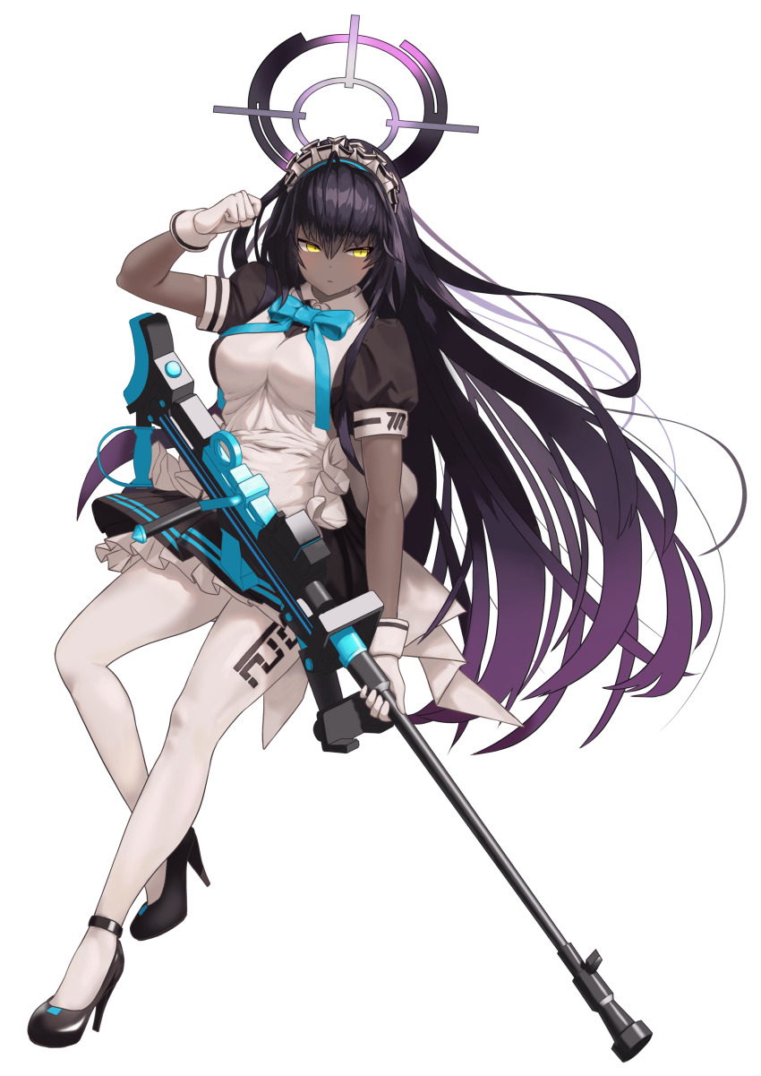 1girl absurdres anti-materiel_rifle apron black_footwear black_hair blue_archive blue_bow blue_bowtie blush bow bowtie boys_anti-tank_rifle closed_mouth colored_tips dark-skinned_female dark_skin full_body gloves gun hair_between_eyes halo high_heels highres holding holding_gun holding_weapon karin_(blue_archive) long_hair looking_to_the_side maid maid_headdress multicolored_hair pantyhose phoebe_(user_vvpf4584) puffy_short_sleeves puffy_sleeves rifle short_sleeves sniper_rifle solo weapon white_apron white_gloves white_pantyhose yellow_eyes