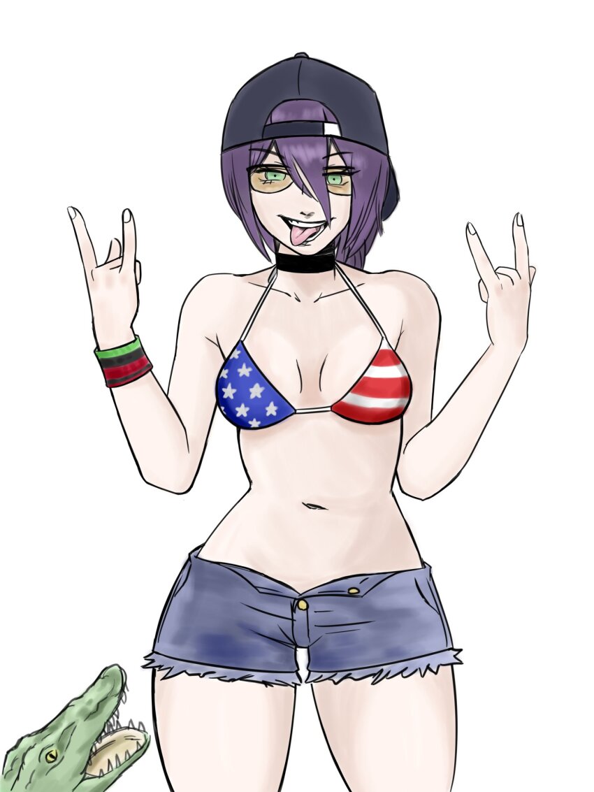 1girl alligator american_flag american_flag_print baseball_cap bikini black_choker black_hat blue_shorts breasts chainsaw_man choker commentary cosplay crocodilian denim denim_shorts english_commentary flag_print flag_print_bikini glasses grand_theft_auto grand_theft_auto_vi green_eyes hair_between_eyes hat highres looking_at_viewer navel open_mouth print_bikini purple_hair redneck_girl_(gta_vi) redneck_girl_(gta_vi)_(cosplay) reze_(chainsaw_man) short_shorts shorts simple_background small_breasts solo swimsuit teeth thebabalgam tongue tongue_out white_background wristband