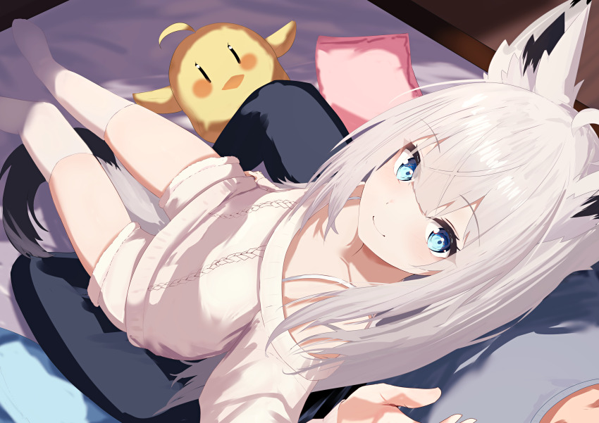1boy 1girl absurdres animal_ear_fluff animal_ears azur_lane bare_shoulders black_pants blue_eyes blue_shirt blush closed_mouth commander_(azur_lane) fox_ears fox_girl fox_tail hair_between_eyes highres kawakaze_(azur_lane) long_hair looking_at_viewer manjuu_(azur_lane) natsuki_(natsu_1936) pants shirt shorts sidelocks sitting sitting_on_lap sitting_on_person smile solo sweater tail thighhighs white_shorts white_sweater white_thighhighs