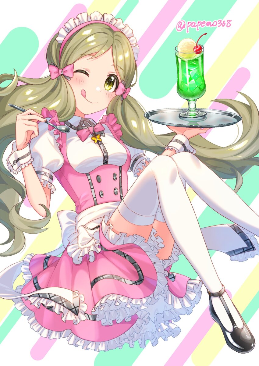 1girl :q apron black_footwear blush bow bowtie breasts brown_hair butterfly_ornament buttons cherry collar cream_soda dot_nose dress eyelashes feet_out_of_frame fluffy_hair food frilled_shirt frills fruit glasses hair_ribbon handa_roco highres holding holding_spoon holding_tray ice_cream ice_cream_float idolmaster idolmaster_million_live! idolmaster_million_live!_theater_days leg_up long_hair official_alternate_costume one_eye_closed papemo368 parted_bangs pink_bow pink_bowtie pink_dress plaid_trim pretty_waitress_(idolmaster) puffy_short_sleeves puffy_sleeves ribbon shirt short_sleeves sitting small_breasts solo spoon thighhighs tongue tongue_out tray twintails twitter_username very_long_hair waist_apron waist_bow waitress wavy_hair white_apron white_collar white_shirt white_thighhighs white_wrist_cuffs wrist_cuffs zettai_ryouiki