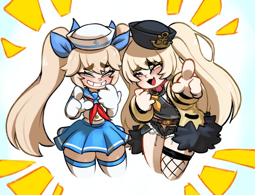 2girls azur_lane bache_(azur_lane) blonde_hair blue_eyes blue_ribbon blue_sailor_collar blue_skirt blush cropped_legs denim denim_shorts fang fishnet_thighhighs fishnets fur-trimmed_jacket fur_trim grin hair_ribbon highres jacket jellot last_origin laughing long_hair looking_at_viewer mesugaki multiple_girls neckerchief open_clothes open_shorts pleated_skirt pointing pointing_at_viewer purple_eyes red_neckerchief ribbon sailor_collar short_shorts shorts single_thighhigh skin_fang skirt smile smug thetis_(last_origin) thick_eyebrows thighhighs white_thighhighs yellow_jacket yellow_neckerchief