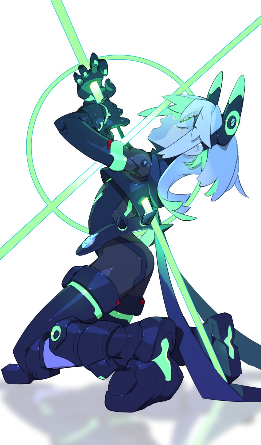 1girl absurdres black_shirt cheri_zao from_side full_body glowing green_eyes grey_hair highres impaled kneeling medium_hair midoriko_(cheri_zao) original shirt simple_background solo white_background