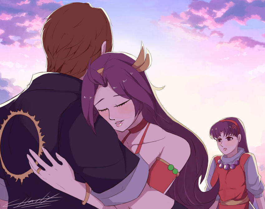 1boy 2girls anger_vein angry asamiya_athena blushing_female breasts charlyarts hug jealous kusanagi_kyou large_breasts long_hair multiple_girls pout princess_athena psycho_soldier snk snk_heroines:_tag_team_frenzy snk_vs_capcom_svc_chaos svc_chaos the_king_of_fighters the_king_of_fighters_&#039;98