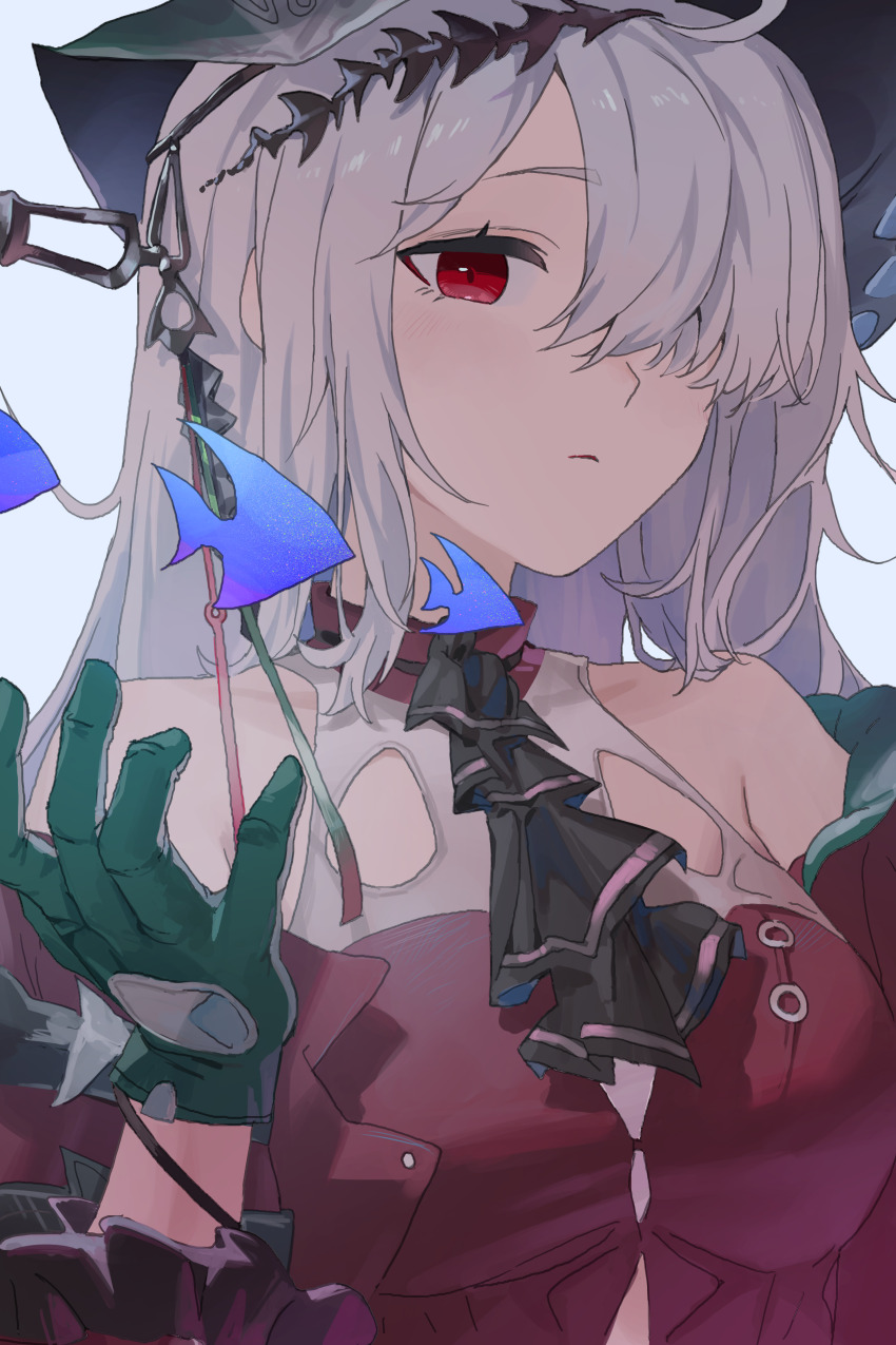 1girl absurdres angelfish arknights ascot bare_shoulders black_ascot closed_mouth commentary_request dress fish gloves green_gloves hair_over_one_eye hand_up highres long_hair looking_at_viewer monky one_eye_covered red_dress red_eyes skadi_(arknights) skadi_the_corrupting_heart_(arknights) solo upper_body