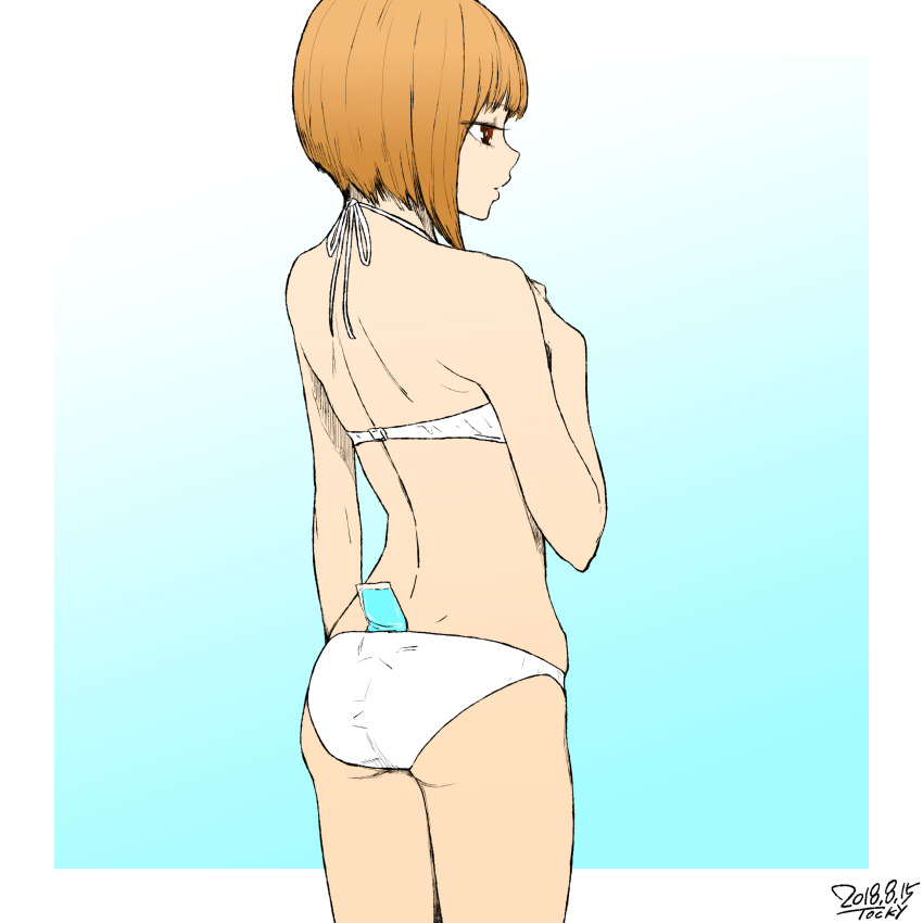 1girl absurdres ass bikini blue_background border cowboy_shot dated from_behind from_side gradient_background highres object_in_clothes object_in_swimsuit orange_hair original parted_lips profile red_eyes short_hair signature solo standing swimsuit tocky white_bikini white_border