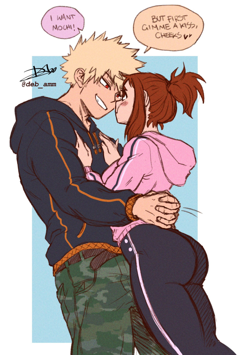 1boy 1girl alternate_costume alternate_hairstyle ass bakugou_katsuki belt blonde_hair boku_no_hero_academia breasts brown_eyes brown_hair camouflage camouflage_pants debby-san dimples hetero highres hood hooded_jacket hug jacket large_breasts looking_at_another medium_hair pants ponytail red_eyes short_hair simple_background smile spiked_hair uraraka_ochako
