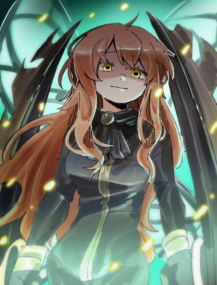 1girl ascot black_ascot black_bodysuit black_gloves bladed_tonfa bodysuit closed_mouth cowboy_shot e.g.o_(project_moon) fairy_wings gloves highres ishmael_(project_moon) library_of_ruina limbus_company long_hair long_sleeves looking_at_viewer orange_eyes orange_hair project_moon rnaro_maro smile solo very_long_hair wingbeat_(e.g.o) wings