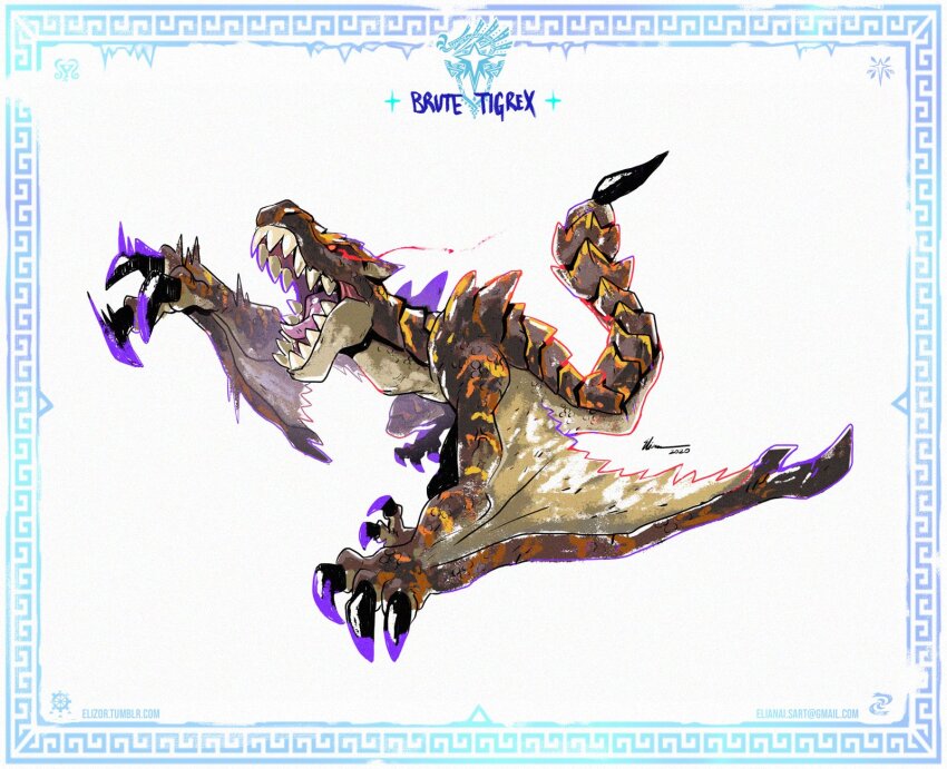 border brute_tigrex character_name dated eliz0r email_address eye_trail highres light_trail monster monster_hunter:_world monster_hunter_(series) monster_hunter_world:_iceborne no_humans open_mouth pouncing signature simple_background tumblr_username