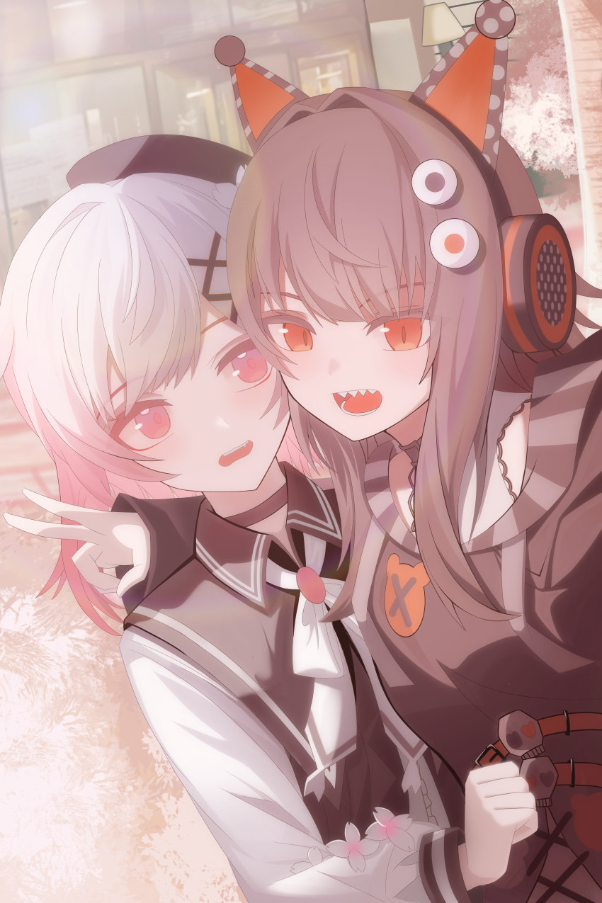 2girls absurdres animal_ear_headphones animal_ears arm_over_head beret black_choker black_hair black_hat black_sweater cat_ear_headphones cat_ears chinese_commentary choker commentary_request ema70hiro fake_animal_ears gradient_hair hair_ornament hat headphones highres long_hair long_sleeves looking_at_another looking_at_viewer mahou_shoujo_no_majo_saiban multicolored_hair multiple_girls open_mouth orange_eyes outdoors pink_eyes pink_hair sakuraba_ema sawatari_coco sharp_teeth short_hair smile streaked_hair sweater teeth upper_body v white_hair x_hair_ornament