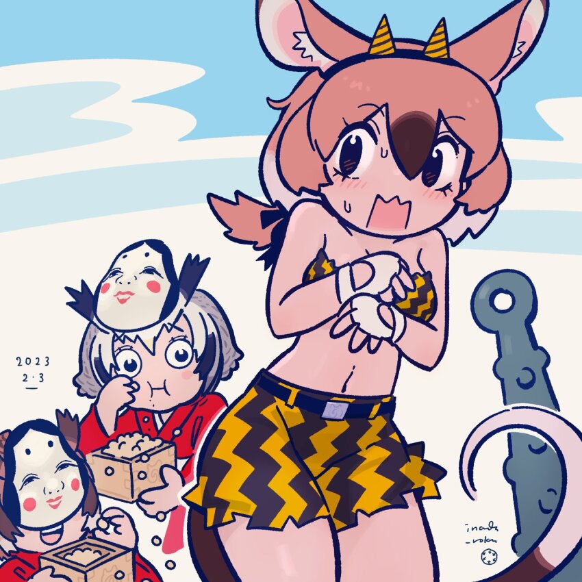 3girls alternate_costume animal_ears bandeau beans belt black_hair blush brown_eyes brown_hair club club_(weapon) eating_hair embarrassed eurasian_eagle_owl_(kemono_friends) fake_horns gambian_rat_(kemono_friends) grey_hair hair_between_eyes hairband highres horns inada_roku japanese_clothes kanabou kemono_friends light_brown_hair long_hair looking_at_viewer low_ponytail mamemaki mask mask_on_head medium_hair mouse_ears mouse_girl mouse_tail multicolored_hair multiple_girls navel noh_mask northern_white-faced_owl_(kemono_friends) oni oni_costume oni_horns open_mouth owl_ears ponytail setsubun shorts spiked_club stomach strapless sweat tail weapon
