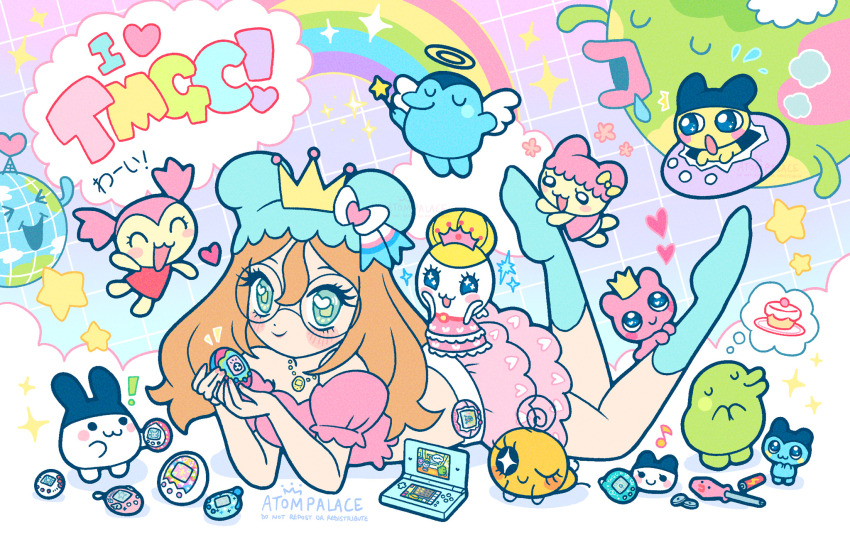 5boys 6+girls angel artist_self-insert arukotchi atom_palace bow chamametchi character_request chibi chohimetchi crop_top crown ginjirotenshi glasses halo handheld_game_console heisei_retro highres holding kuchipatchi light_brown_hair long_hair looking_at_viewer mamekotchi mametchi memetchi midriff mimitchi multiple_boys multiple_girls nintendo nintendo_ds nintendo_ds_lite original rainbow round_eyewear skirt solo_focus speech_bubble tamagotchi tamagotchi_(classic) tamagotchi_(creature) tamagotchi_(virtual_pet) tamagotchi_plus tamagotchi_no_puchi_puchi_omisetchi tamagotchi_meets tamagotchi_sei tamagotchi_uni tamako_hime thought_bubble virtual_pet_(toy) wand wings yume_kawaii