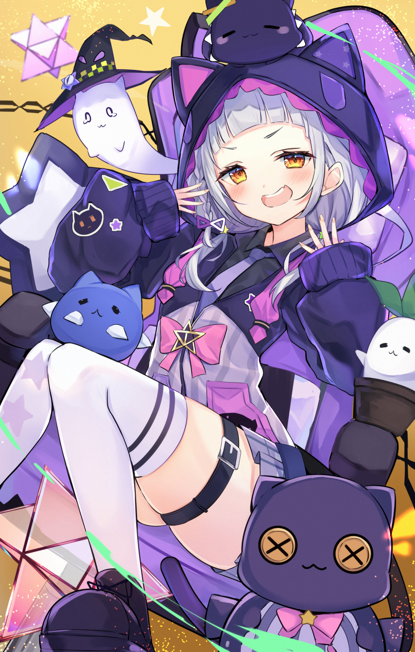 0_0 1girl :3 :d absurdres animal animal_hood animal_on_head ankle_boots arched_bangs asymmetrical_legwear black_boots black_shirt blush boots braid button_eyes buttons cat cat_hood collared_shirt commentary dress_shirt grey_hair grey_skirt haidollo hands_up hat highres hololive hood hood_up hooded_jacket jacket knees_up light_particles long_hair long_sleeves looking_at_viewer miniskirt mismatched_legwear murasaki_shion murasaki_shion_(school_uniform) necktie on_chair on_head open_mouth partially_unzipped plaid_clothes plaid_skirt pleated_skirt purple_jacket purple_necktie school_uniform shiokko_(murasaki_shion) shirt short_eyebrows side_braid sidelocks sitting skirt smile solo tearing_up thigh_strap thighhighs v-shaped_eyebrows virtual_youtuber white_thighhighs witch_hat x_x yellow_eyes