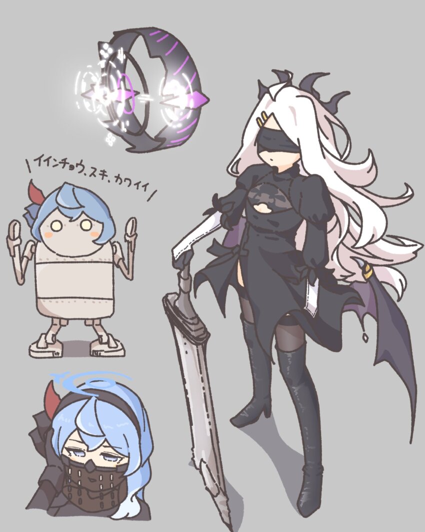 2b_(nier:automata) 2b_(nier:automata)_(cosplay) 2girls ako_(blue_archive) black_boots black_dress black_gloves black_hairband black_halo black_horns black_thighhighs black_wings blindfold blue_archive blue_eyes blue_hair blue_halo boots cosplay covered_eyes covered_mouth dress enobun3gyo gloves grey_background hair_ornament hairband hairclip halo high_heel_boots high_heels highres hina_(blue_archive) holding holding_sword holding_weapon horns long_hair machine_(nier) multiple_girls multiple_horns nier:automata nier_(series) robot simple_background standing sword thigh_boots thighhighs thighhighs_under_boots translation_request weapon white_hair wings