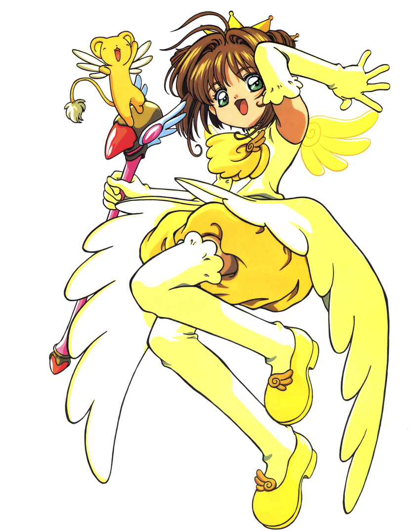 1990s_(style) 1girl :d absurdres antenna_hair arm_up bloomers brooch brown_hair cardcaptor_sakura creature crown dot_nose dress elbow_gloves full_body fuuin_no_tsue gloves gold_crown green_eyes hair_intakes highres holding holding_wand jewelry kero_(cardcaptor_sakura) kinomoto_sakura kinomoto_sakura_(miraculous_sakura) looking_at_viewer magical_girl neckerchief official_art open_mouth pointed_crown retro_artstyle scan shoes short_hair simple_background smile takahashi_kumiko thighhighs underwear wand white_background wing_brooch yellow_bloomers yellow_dress yellow_gloves yellow_neckerchief yellow_shoes yellow_theme yellow_thighhighs yellow_wings