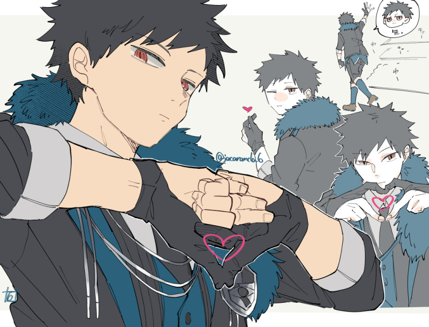 1boy alternate_costume arm_up black_gloves black_hair black_jacket black_necktie black_shorts blue_shorts blue_vest collared_shirt double_thumbs_down finger_heart fur-trimmed_jacket fur_trim gloves grey_background grey_shirt hand_up hands_up heart heart_hands jacket kaburock2002 kazama_souya kneehighs long_sleeves looking_at_viewer looking_to_the_side male_focus multiple_views necktie one_eye_closed orange_eyes partially_fingerless_gloves shirt short_hair shorts slit_pupils socks spoken_character thumbs_down thumbs_down_heart_hands twitter_username vest walking waving world_trigger