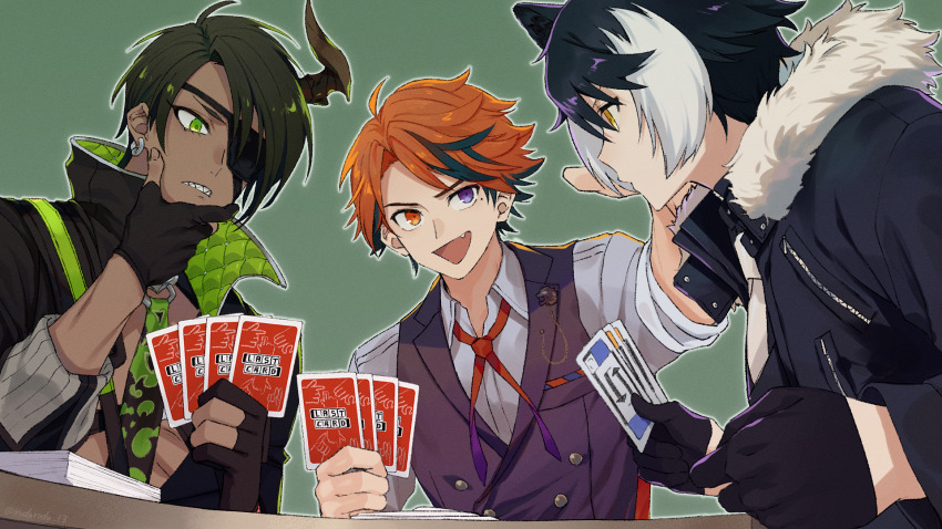 3boys animal_ears aragami_oga aragami_oga_(1st_costume) black_gloves black_hair black_shirt black_vest brown_horns brown_vest buttons card coat collared_shirt commentary_request dark-skinned_male dark_skin double-breasted eyepatch fang fur-trimmed_coat fur_trim gloves green_eyes green_necktie grey_shirt half_gloves hand_on_own_chin hands_up heterochromia high_collar highres holding holding_card holostars horns jackal_boy jackal_ears kageyama_shien kageyama_shien_(1st_costume) lapel_pin male_focus mole mole_under_eye multicolored_hair multiple_boys necktie open_clothes open_mouth open_shirt orange_eyes orange_hair outer_glow outstretched_arm partially_fingerless_gloves playing_card purple_eyes red_ribbon ribbon rozu_ki sharp_teeth shirt short_hair single_horn sleeves_rolled_up streaked_hair teeth two-tone_hair vest virtual_youtuber white_hair white_necktie yellow_eyes yukoku_roberu yukoku_roberu_(1st_costume) zipper zipper_pull_tab