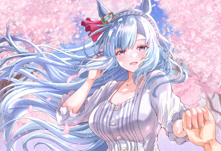 1girl 1other absurdres alternate_costume animal_ears blue_hair blush bracelet braid breasts cherry_blossoms commentary_request crown_braid ear_ornament falling_petals highres holding_hands horse_ears horse_girl jewelry kentan_(kingtaiki) long_hair long_sleeves medium_breasts mejiro_ardan_(umamusume) necklace petals shirt smile solo_focus umamusume upper_body very_long_hair white_shirt