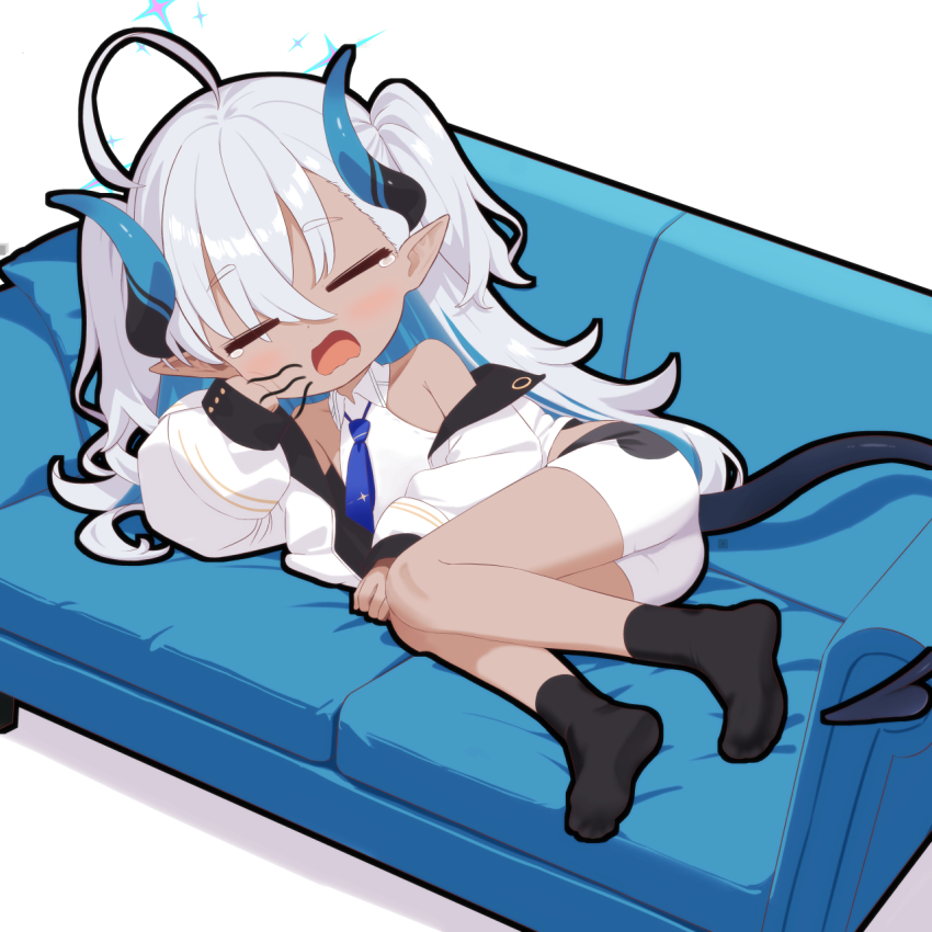 1girl =_= ahoge ass bare_shoulders black_socks blue_archive blue_hair blue_halo blush collared_shirt colored_inner_hair commentary_request couch deformed demon_girl demon_horns demon_tail dutch_angle full_body grey_hair hair_between_eyes halo highres horns huge_ahoge jacket jacket_partially_removed knees_together_feet_apart long_hair lying multicolored_hair mutsuse no_shoes on_couch on_side open_clothes open_jacket open_mouth pointy_ears shirt shorts simple_background sleepy sleeveless sleeveless_shirt socks solo sumomo_(blue_archive) tail tears thick_eyebrows two_side_up wavy_mouth white_background white_jacket white_shirt white_shorts yawning