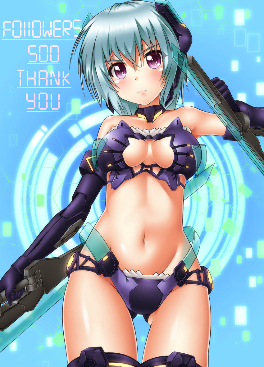 1girl absurdres armor bikini bikini_armor black_thighhighs blue_gloves blue_hair blush breasts cleavage_cutout clothing_cutout derivative_work elbow_gloves female_focus frame_arms_girl gloves gluteal_fold highres hresvelgr looking_at_viewer mecha_musume medium_breasts navel oooqqq purple_eyes shiny_skin short_hair solo swimsuit sword thank_you thighhighs thighs weapon