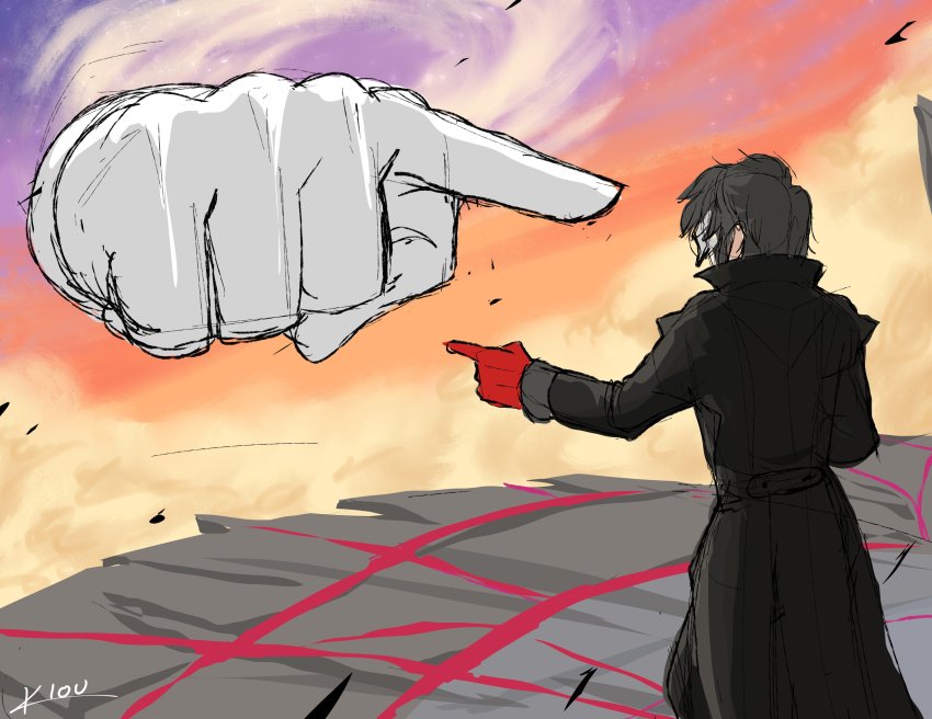 10s 1boy absurdres amamiya_ren black_hair coat commentary final_destination_(smash_bros) gloves highres joker_(persona_5) kloudraws marvel mask master_hand meme nintendo persona persona_5 pointing pointing_at_another pointing_spider-man_(meme) red_gloves spider-man_(series) super_smash_bros. trench_coat voice_actor_connection xander_mobus