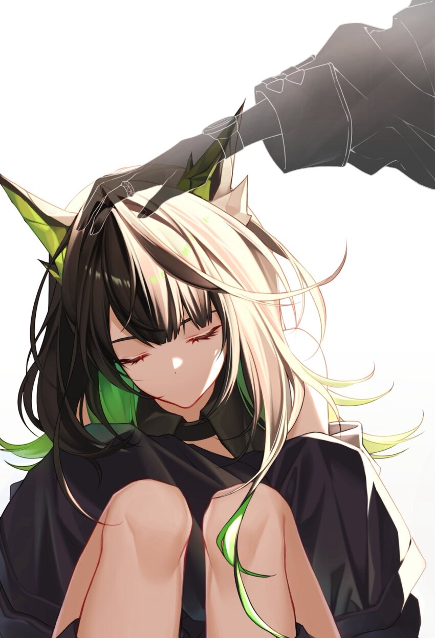 1girl arknights bare_shoulders black_hair black_jacket closed_eyes colored_inner_hair etru_faufau facing_viewer fading green_hair hand_on_another&#039;s_head headpat highres jacket long_hair mon3tr_(arknights) multicolored_hair no_mouth off_shoulder out_of_frame solo_focus white_background