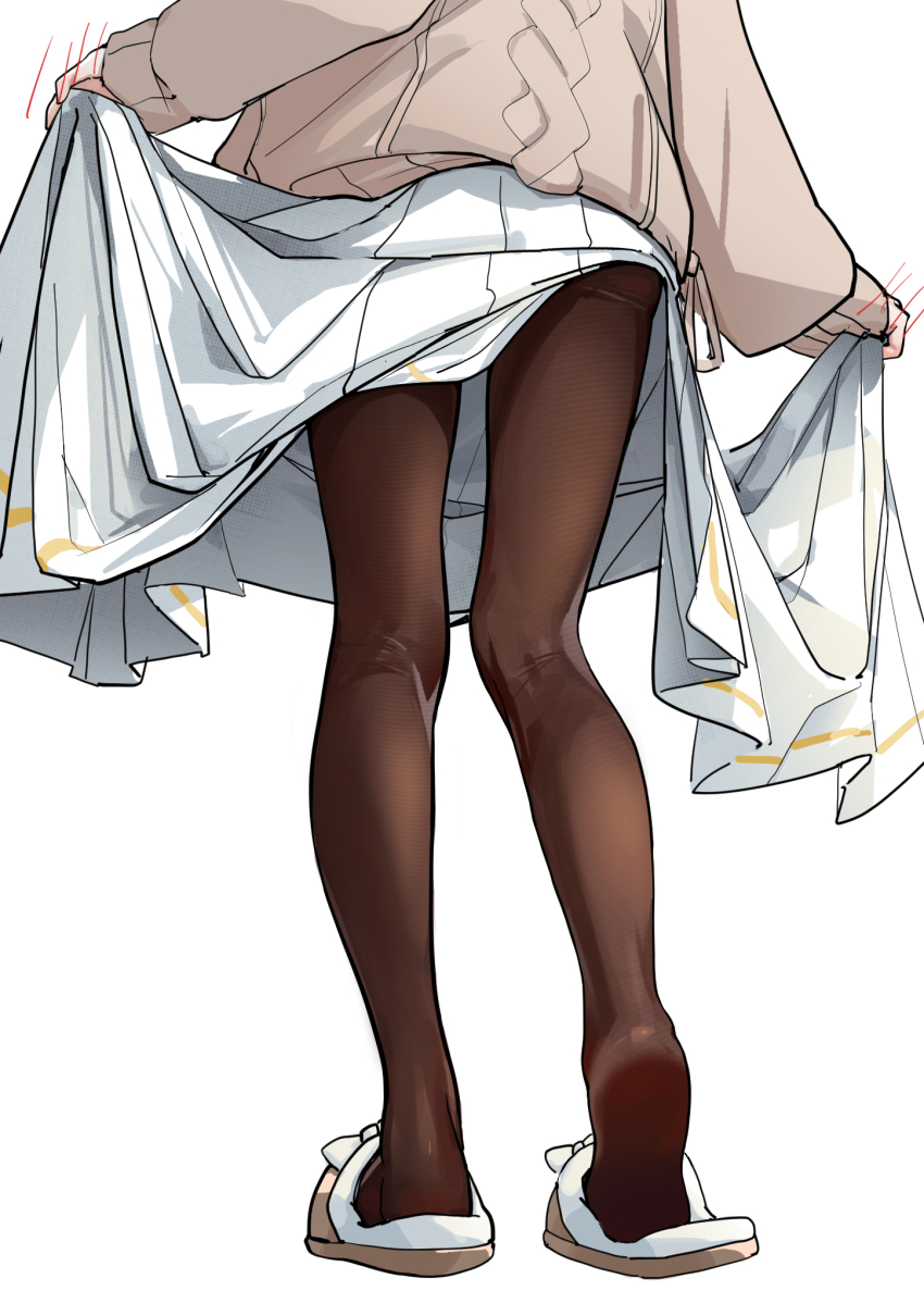 1girl ass_peek blue_archive bow brown_pantyhose brown_slippers brown_sweater chinese_commentary commentary_request footwear_bow from_behind hand_blush heel_up highres kneepits legs long_sleeves lower_body pantyhose pinko_(oknip) pleated_skirt simple_background skirt skirt_hold sleeves_past_wrists slippers soles solo standing sweater ui_(blue_archive) white_background white_bow white_skirt