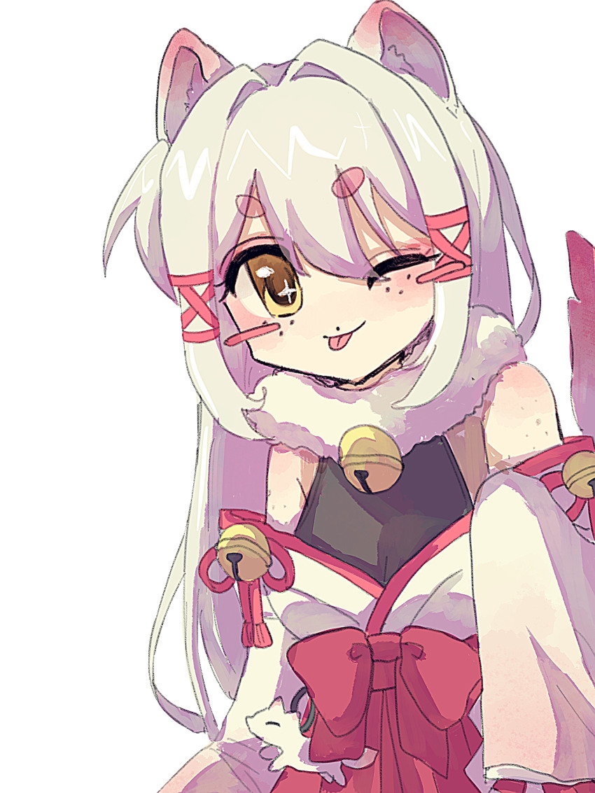 1girl animal_ears artist_request black_bodysuit body_freckles bodysuit bow breasts commission fox_ears fox_girl fox_tail freckles frills fur_collar gohei hair_between_eyes hair_bow hair_ornament hair_ribbon highres indie_virtual_youtuber japanese_clothes kagari_kitsune large_breasts long_hair long_sleeves messy_hair multicolored_hair nontraditional_miko pink_hair red_ribbon ribbon sidelocks simple_background skeb_commission skirt sleeves_past_fingers sleeves_past_wrists slit_pupils tail virtual_youtuber white_hair yellow_eyes