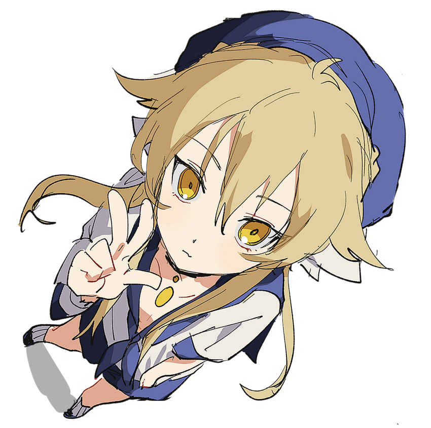 1boy :3 ahute beret blonde_hair blue_hat blue_neckerchief blue_sailor_collar blush bow choker coin_(ornament) dutch_angle envy_elika_(koyashaka) fang from_above hat highres koyashaka looking_at_viewer male_focus neckerchief original ribbon sailor_collar school_uniform serafuku shirt short_hair_with_long_locks simple_background skin_fang smile socks solo trap v white_background white_bow white_ribbon white_shirt yellow_eyes