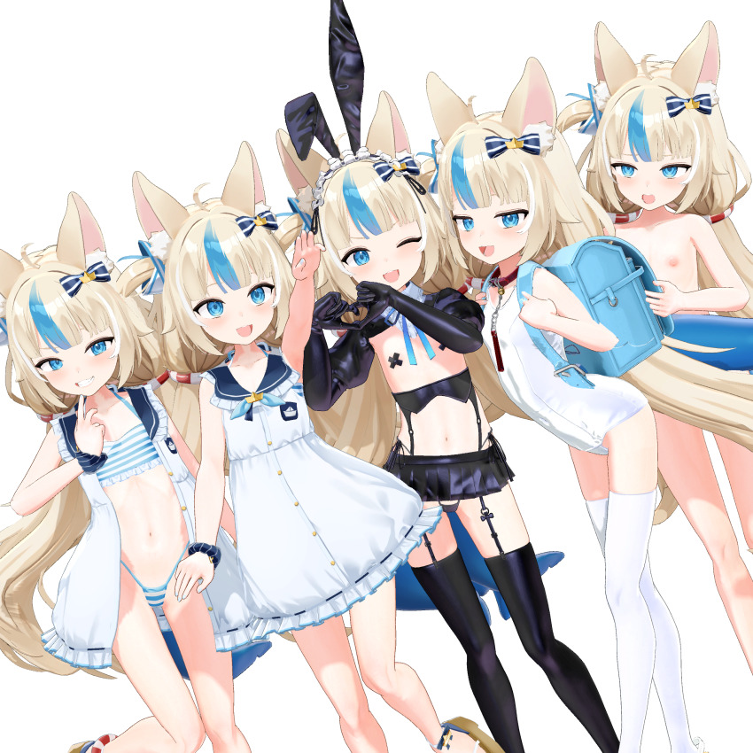 3d 3d_screencap 5girls :d ;d ahoge aliasing alternate_costume animal_collar animal_ear_fluff animal_ear_hairband animal_ears arched_back arm_at_side arm_up backpack bag bare_arms bell bikini bikini_under_clothes black_nails black_panties black_shrug black_skirt black_thighhighs blonde_hair blue_bag blue_bow blue_eyes blue_neckerchief blue_ribbon blue_sailor_collar blue_scrunchie blue_streaks blue_tail blush bow brown_sandals buttons cat_ears collar commentary_request completely_nude contrapposto cross cross_pasties crossed_legs crown_(symbol) crown_hair_ornament detached_collar dress dutch_angle empire_waist fake_animal_ears fingernails fins fish_girl fish_tail flat_chest four-finger_heart_hands frilled_bikini frilled_dress frilled_sailor_collar frills furrowed_brow garter_belt grin hair_bow hair_flaps hairband halterneck hand_up hands_up head_tilt heart heart_hands highleg highleg_bikini highres holding_strap indie_virtual_youtuber jingle_bell jitome koikatsu_(medium) leg_up lifebuoy_anklet lifebuoy_hair_ornament lineup long_hair looking_ahead looking_at_viewer low_twintails maid_headdress micro_panties microskirt multicolored_hair multiple_girls multiple_persona nail_polish navel neck_bell neck_ribbon neckerchief nipples nontraditional_playboy_bunny nude o-ring old_school_swimsuit one-piece_swimsuit one_eye_closed one_side_up open_clothes open_dress open_mouth outstretched_arm paid_reward_available panties pasties pleated_skirt rabbit_ear_hairband rabbit_ears raised_eyebrows randoseru red_collar revealing_clothes ribbon sailor_collar sailor_dress sameko_saba sandals school_swimsuit scrunchie short_dress shrug_(clothing) side-tie_panties simple_background single_ear_down skirt sleeveless sleeveless_dress smile standing standing_on_one_leg stomach streaked_hair striped_bikini striped_clothes striped_scrunchie suya swimsuit tail thighhighs twintails underwear v-shaped_eyebrows very_long_hair virtual_youtuber watson_cross white_background white_dress white_one-piece_swimsuit white_streaks white_thighhighs wrist_scrunchie