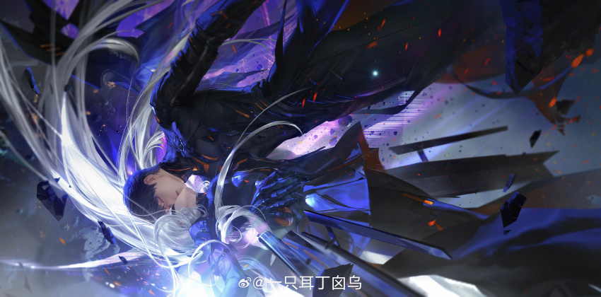 1boy 1girl absurdres arm_around_waist armor black_cape black_hair black_pants blue_skirt breastplate cape closed_eyes closed_mouth debris embers eye_contact eyelashes falling feet_out_of_frame floating_clothes floating_hair full_armor gauntlets hand_on_another&#039;s_hip hetero highres kiss lips long_hair long_sleeves looking_at_another love_and_deepspace miniskirt outdoors pants pink_lips pleated_skirt protagonist_(love_and_deepspace) realistic short_hair skirt spikes storm two-sided_fabric two-sided_skirt very_long_hair watermark weibo_watermark white_hair yi_zhi_er_ding_xin_wu zayne_(love_and_deepspace)