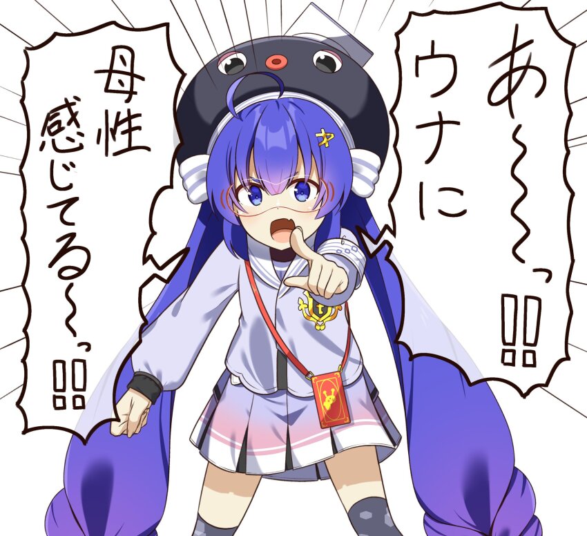 1girl :d ahoge animal_hat armband black_hat black_thighhighs black_undershirt blue_eyes blue_hair blunt_bangs bow braid cellphone_strap chaakusu commentary_request cowboy_shot eel_hat emphasis_lines fang goggles gradient_clothes gradient_hair gradient_skirt hair_between_eyes hair_bow hair_ornament hairclip hat hat_ribbon highres honeycomb_(pattern) honeycomb_print jacket large_hat long_hair long_sleeves looking_at_viewer low-braided_long_hair low-tied_long_hair low_twintails mortarboard multicolored_hair multicolored_skirt open_mouth otomachi_una otomachi_una_(voicepeak) pigeon-toed pink_skirt pleated_skirt pointing pointing_at_viewer print_thighhighs puffy_long_sleeves puffy_sleeves purple_jacket purple_skirt red-framed_eyewear ribbon safety_pin sailor_collar sailor_jacket shirt shoulder_strap simple_background skirt smartphone_case smile solo speech_bubble standing striped_bow striped_ribbon thighhighs translation_request turtleneck turtleneck_shirt twintails variant_set vertical-striped_bow very_long_hair voicepeak white_armband white_background white_bow white_ribbon white_sailor_collar