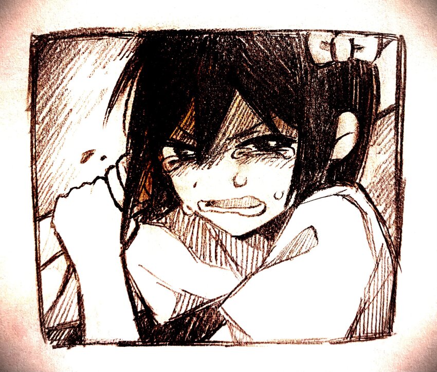 1girl angry aubrey_(headspace)_(omori) aubrey_(omori) baseball_bat bow bright_pupils crying crying_with_eyes_open double-parted_bangs greyscale hair_bow highres holding holding_baseball_bat long_hair lower_teeth_only monochrome nicome_02 omori open_mouth shirt short_sleeves solo t-shirt tears teeth upper_body