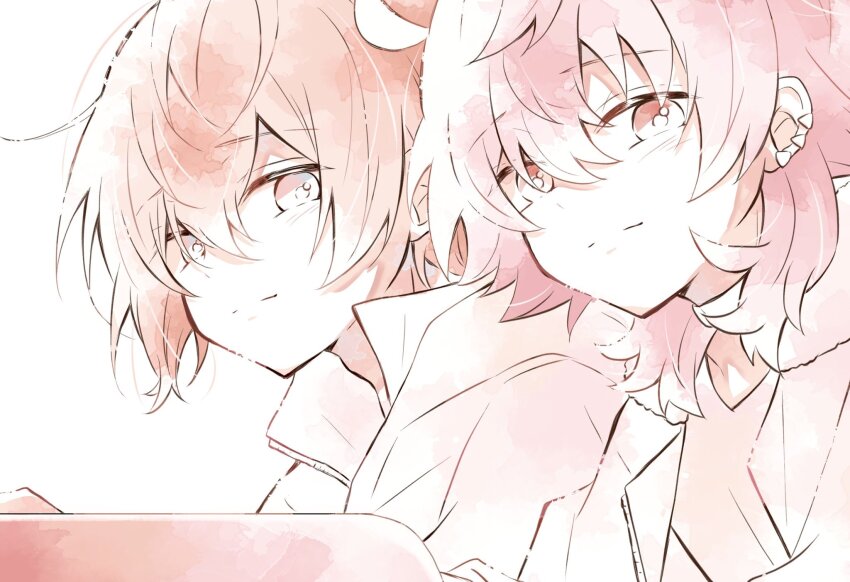 2boys blush closed_mouth earrings fur-trimmed_jacket fur_trim hari_nyan_nyan highres hood hood_down jacket jewelry looking_at_viewer male_focus miyama_kei multiple_boys multiple_earrings orange_eyes orange_hair paradox_live pink_eyes pink_hair rokuta_(paradox_live) shirt smile white_jacket white_shirt