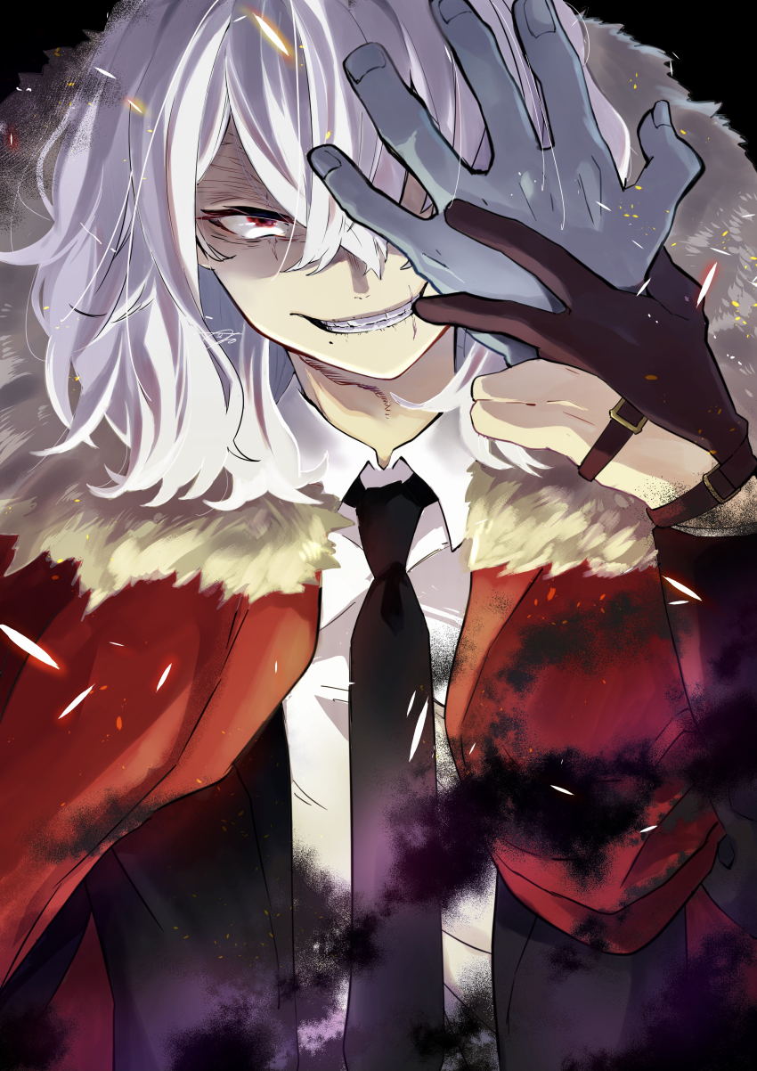 1boy a_wako26 absurdres black_jacket black_necktie boku_no_hero_academia cape collared_shirt disembodied_hand fur-trimmed_cape fur_trim grin highres jacket long_hair looking_at_viewer necktie prosthetic_fingers red_cape red_eyes scar scar_on_face shigaraki_tomura shirt smile solo teeth white_hair white_shirt wrinkled_skin