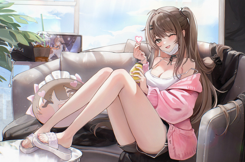 1girl absurdres bare_shoulders black_shorts blush bottle breasts brown_eyes brown_hair cleavage collarbone couch finger_heart girls&#039;_frontline girls&#039;_frontline_2:_exilium hand_up highres holding holding_bottle indoors jacket k2_(girls&#039;_frontline) knees_up legs long_hair long_sleeves looking_at_viewer mask mask_lift medium_breasts mouth_mask off_shoulder on_couch one_eye_closed one_side_up open_mouth pink_jacket puffy_long_sleeves puffy_sleeves short_shorts shorts slippers smile solo strap_slip thighs toenails toes white_mask yoohee_(girls&#039;_frontline_2) zije