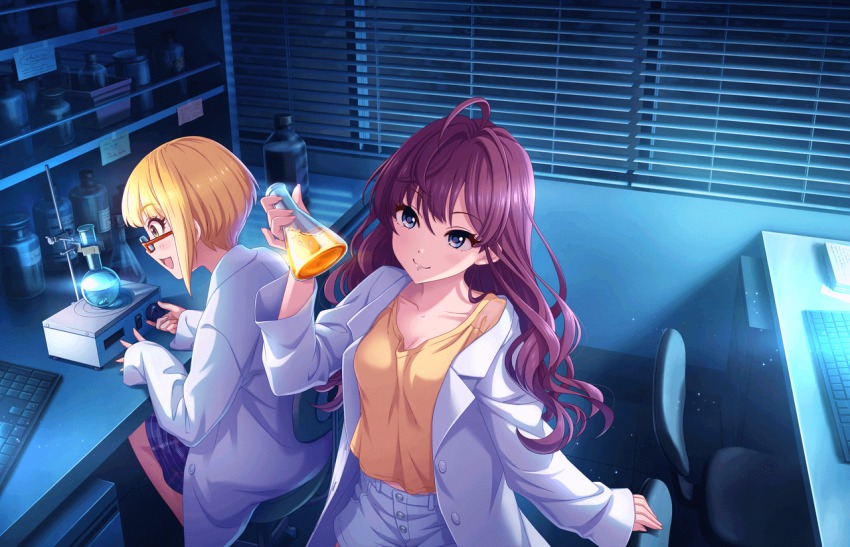 2girls :3 ahoge artist_request blonde_hair blue_eyes blush breasts brown_hair chair cleavage collarbone crazy_crazy_(idolmaster) desk glasses green_eyes holding ichinose_shiki idolmaster idolmaster_cinderella_girls idolmaster_cinderella_girls_starlight_stage indoors keyboard lab_coat long_hair medium_breasts miyamoto_frederica multiple_girls office_chair official_art open_mouth shorts sitting skirt smile swivel_chair wavy_hair