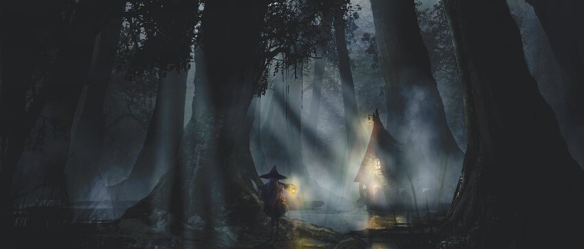 1girl absurdres an_yomogi black_dress commission dark dress facing_away fantasy fog forest giant_tree hat highres holding holding_lantern house lantern light_rays long_hair nature original plant_roots rain reflection reflective_water scenery skeb_commission solo standing tree water wetland wide_shot witch witch_hat