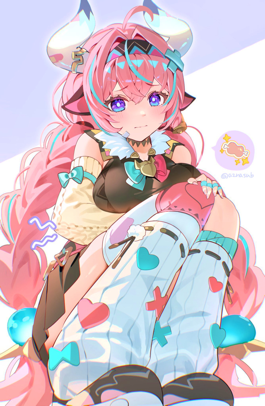 1girl ahoge animal_ears aqua_hair azna bell black_skirt blush boned_meat bow braid breasts bright_pupils cow_ears cow_girl cow_horns cowbell detached_sleeves embarrassed food fur_trim genshin_impact hair_between_eyes hair_ornament hairband heart highres horns hungry large_breasts leg_warmers long_hair long_sleeves looking_at_viewer meat multicolored_hair pink_hair purple_eyes shoes single_thighhigh skirt sneakers sparkle speech_bubble streaked_hair thighhighs twin_braids varesa_(genshin_impact) white_leg_warmers yellow_sleeves