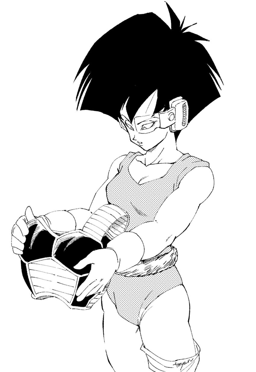 1girl armor bare_shoulders black_hair breasts dragon_ball dragonball_z fenyon gloves greyscale highres leotard medium_breasts monkey_tail monochrome pink_leotard saiyan saiyan_armor scouter seripa short_hair simple_background single_thighhigh solo tail thighhighs tinted_eyewear white_gloves