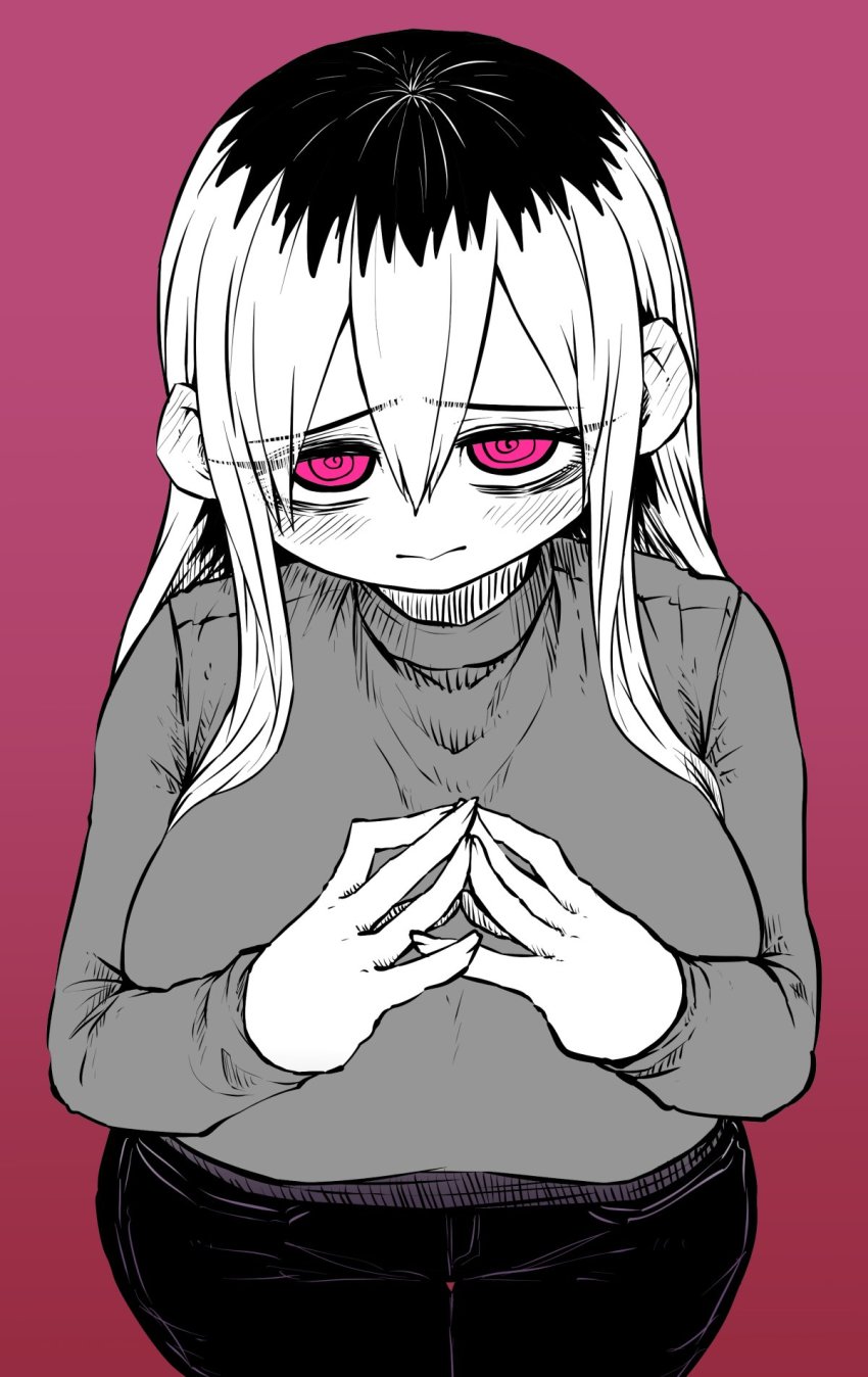 1girl @_@ black_hair black_pants breasts grey_shirt greyscale_with_colored_background highres kinjo_no_hito_no_nakimushi large_breasts limited_palette looking_at_viewer looking_up magenta_background magenta_eyes multicolored_hair ochiai_(kinjo_no_hito_no_nakimushi) own_hands_together pants pink_background shirt two-tone_hair white_hair zyugoya