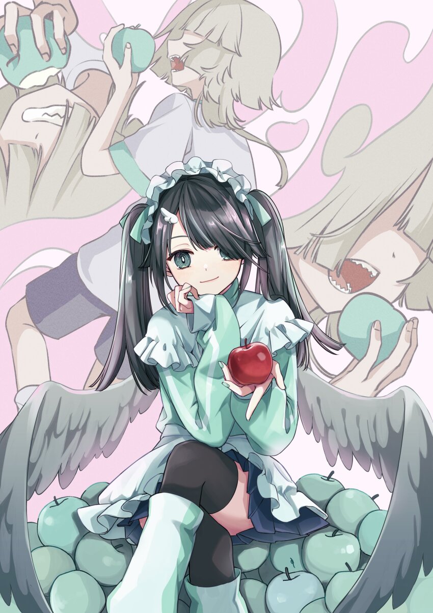 1girl absurdres apple aqua_eyes aqua_jacket black_hair black_shorts black_thighhighs blonde_hair blue_apple crossed_legs feathered_wings food fruit grey_shirt grey_wings hatsune_miku highres holding holding_food holding_fruit jacket long_hair nagitofuu open_mouth sharp_teeth shirt shorts smile solo teeth tensei_ringo_(vocaloid) thighhighs track_jacket turtleneck turtleneck_jacket twintails vocaloid wings