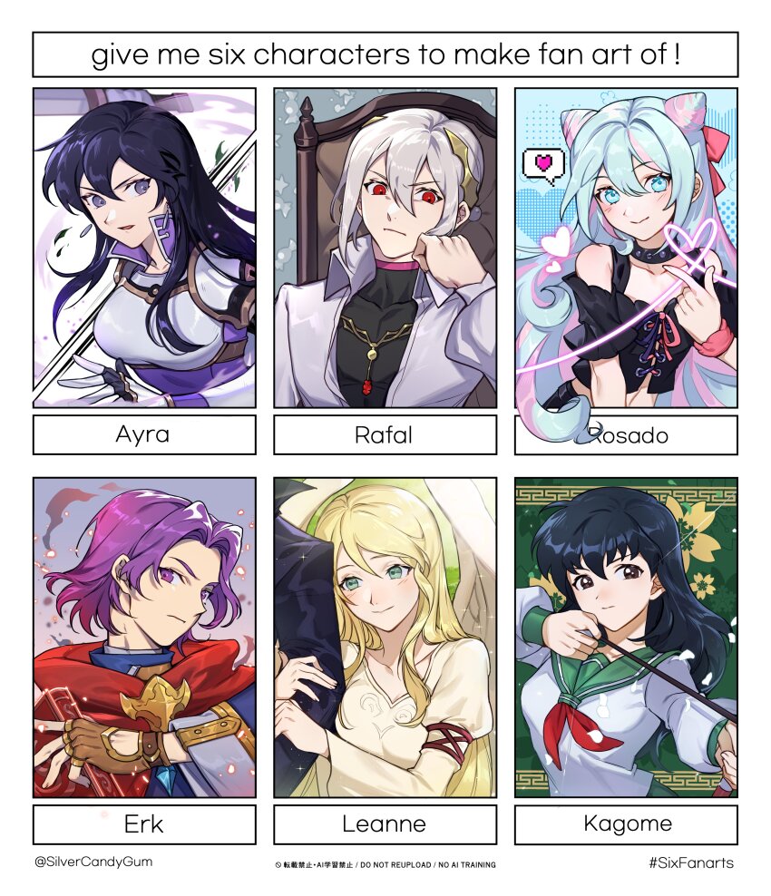 3girls 4boys absurdres archery armor arrow_(projectile) artist_name ayra_(fire_emblem) black_hair blonde_hair blue_eyes blue_hair breastplate brown_gloves cape character_name closed_mouth double-parted_bangs english_text erk_(fire_emblem) fire_emblem fire_emblem:_genealogy_of_the_holy_war fire_emblem:_path_of_radiance fire_emblem:_the_blazing_blade fire_emblem_engage gloves green_eyes green_sailor_collar grey_hair hair_between_eyes hair_horns hashtag-only_commentary heart high_collar highres higurashi_kagome holding holding_arrow hug inuyasha leanne_(fire_emblem) long_hair multicolored_hair multiple_boys multiple_drawing_challenge multiple_girls naesala_(fire_emblem) neckerchief nintendo open_mouth pauldrons pink_hair purple_eyes purple_hair rafal_(fire_emblem) red_cape red_eyes red_neckerchief rosado_(fire_emblem) sailor_collar shoulder_armor silvercandy_gum six_fanarts_challenge spoken_heart streaked_hair trap twitter_username wings