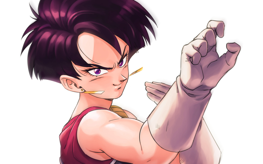 1girl boriroba brown_hair commentary_request dragon_ball dragonball_z earrings floating_earring gloves gold_earrings highres jewelry looking_at_viewer pink_tank_top purple_eyes saiyan saiyan_armor seripa short_hair side_part smile solo tank_top upper_body white_background white_gloves