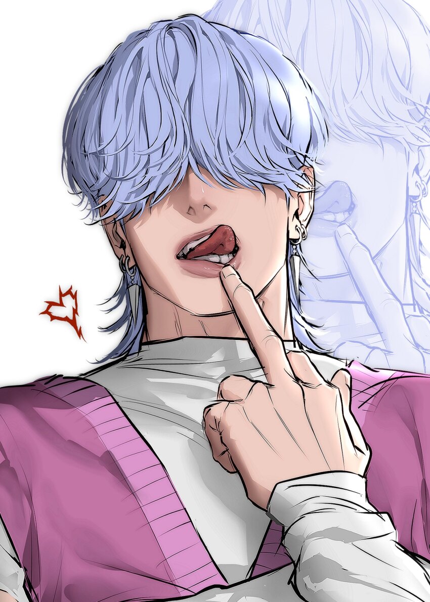 1boy earrings finger_to_mouth grey_hair hair_over_eyes heart highres jewelry kpop_demon_hunters male_focus medium_hair mystery_(kpop_demon_hunter) open_mouth pandolasan54093 pink_sweater_vest simple_background solo sweater_vest teeth tongue tongue_out upper_body white_background white_sleeves zoom_layer