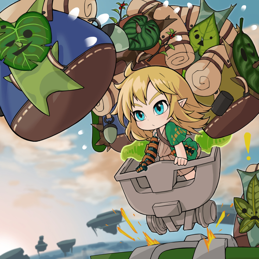 ! 1boy archaic_set_(zelda) backpack bag blonde_hair blue_eyes blue_sky branch chibi closed_mouth cloud commentary_request day expressionless floating_island full_body gauntlets highres jakomurashi korok leaf link looking_afar medium_hair mine_cart nintendo outdoors pointy_ears single_gauntlet sky the_legend_of_zelda the_legend_of_zelda:_tears_of_the_kingdom toga
