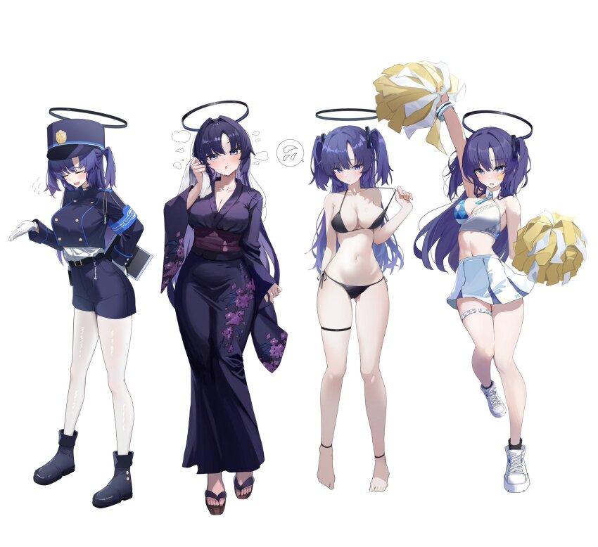 1girl alternate_costume armband bare_shoulders barefoot bikini bikini_pull black_bikini black_halo blue_archive blue_armband blush breasts cheerleader cleavage closed_eyes clothes_pull collarbone cosplay detached_collar feet flying_sweatdrops full_body gluteal_fold halo halterneck hat highres holding_strap japanese_clothes kimono large_breasts long_hair mechanical_halo millennium_cheerleader_outfit_(blue_archive) navel nozomi_(blue_archive) nozomi_(blue_archive)_(cosplay) pantyhose peaked_cap pom_pom_(cheerleading) pulling_own_clothes purple_eyes purple_hair purple_kimono shoes side-tie_bikini_bottom simple_background skindentation sneakers solo standing standing_on_one_leg steam stomach sukoyaka_konbu sweat swimsuit thigh_strap thighs toes train_conductor two_side_up white_background white_pantyhose white_shoes yuuka_(blue_archive)